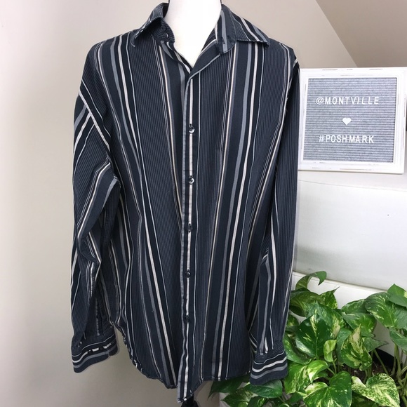 Perry Ellis Black Tan Striped Button Down Shirt - Picture 2 of 4